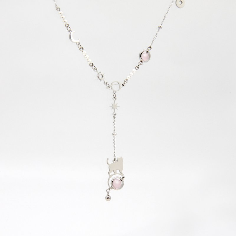 B139-S LunaWhisker 日月星辰粉紅色貓眼石Y字項鍊