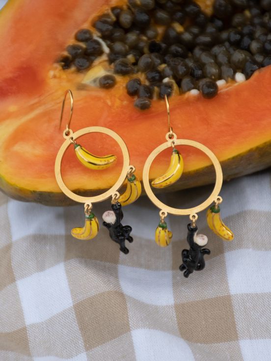 【New】J774 Banana & Black Monkey Circle Earrings