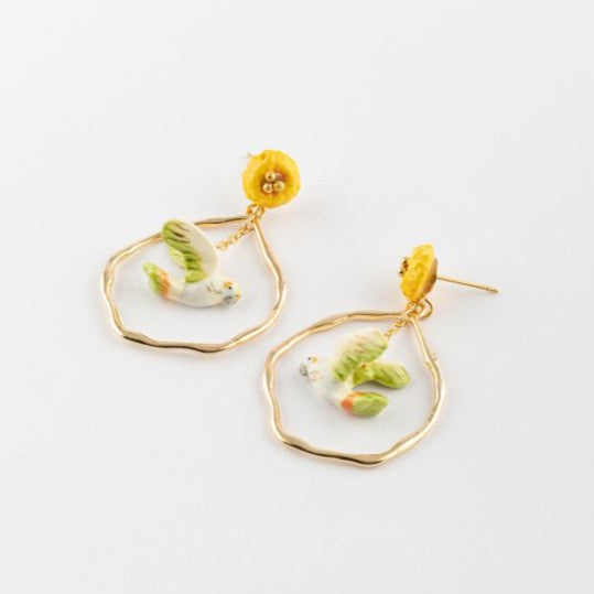 【New】J744 Dandelion & Budgerigar Hammered Earrings