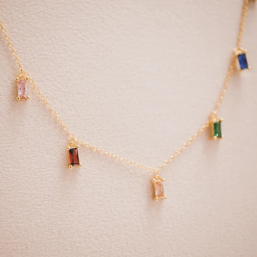 Rainbow Baguette CZ Drop Necklace