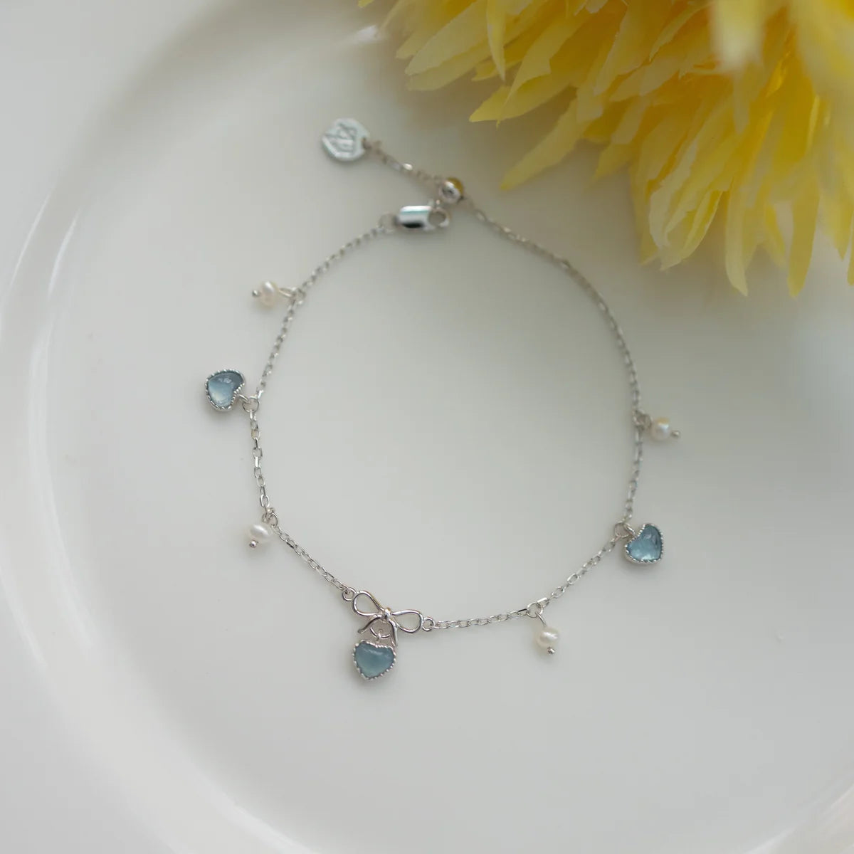 Sweetheart Ribbon Silver Bracelet - Aquamarine