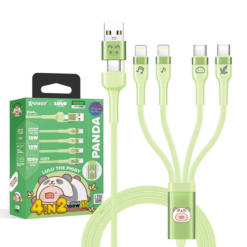 XPower x 罐頭豬LuLu🐷BC24 罐頭豬LuLu 8合1 2出4 100W PD3.0鋁合金傳輸快速充電線