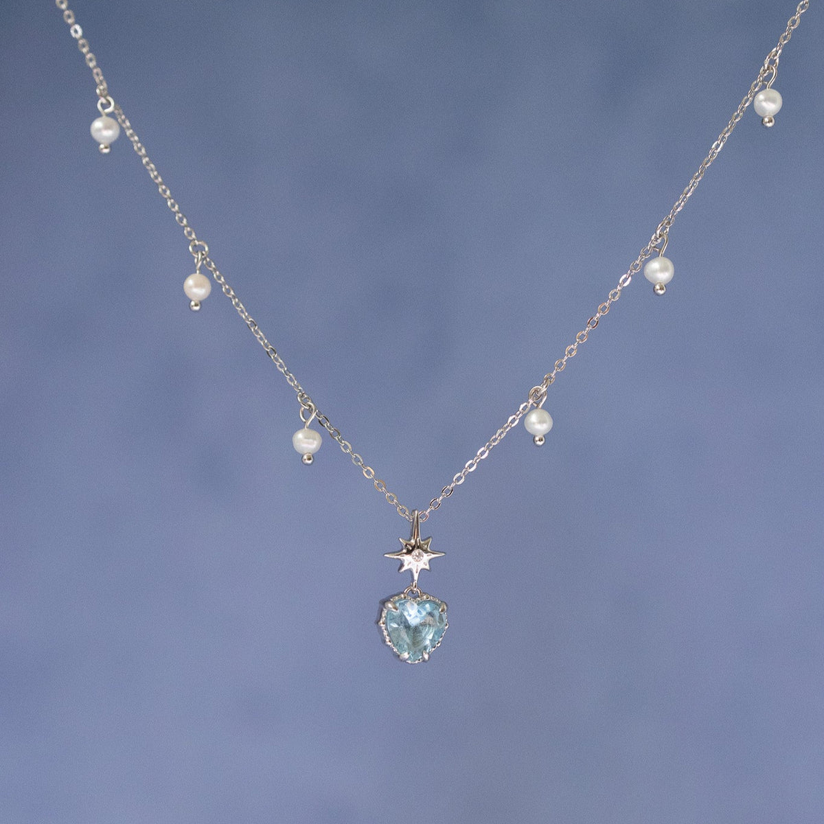 AQUA TWINKLE SILVER NECKLACE - AQUAMARINE & PEARL