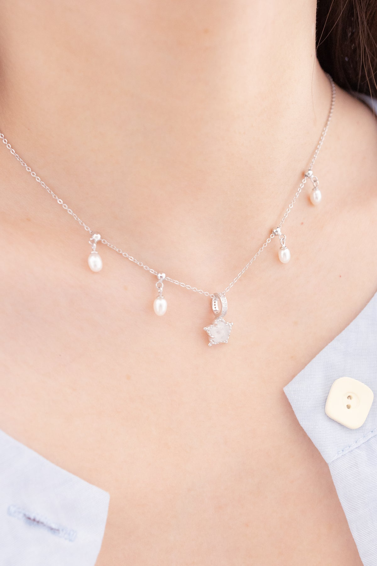 BUBBLE FLORA SILVER NECKLACE - MOONSTONE - TWO WAY - REMOVABLE CHARM