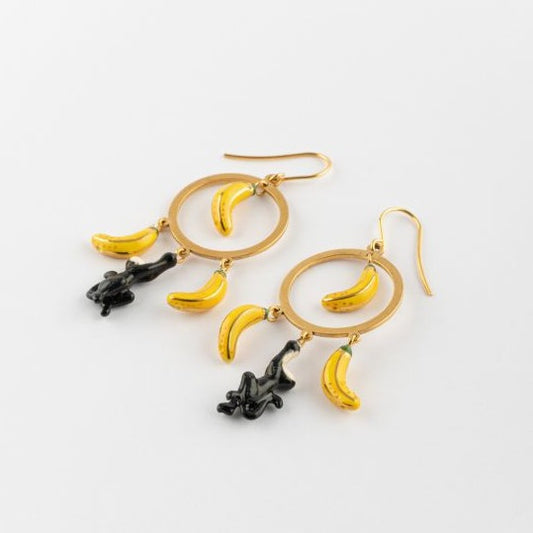 【New】J774 Banana & Black Monkey Circle Earrings