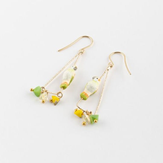 【New】J751 Budgerigar & Beads Triangle Earrings