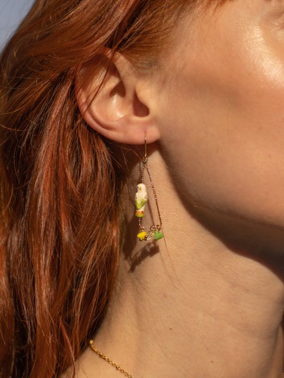 【New】J751 Budgerigar & Beads Triangle Earrings