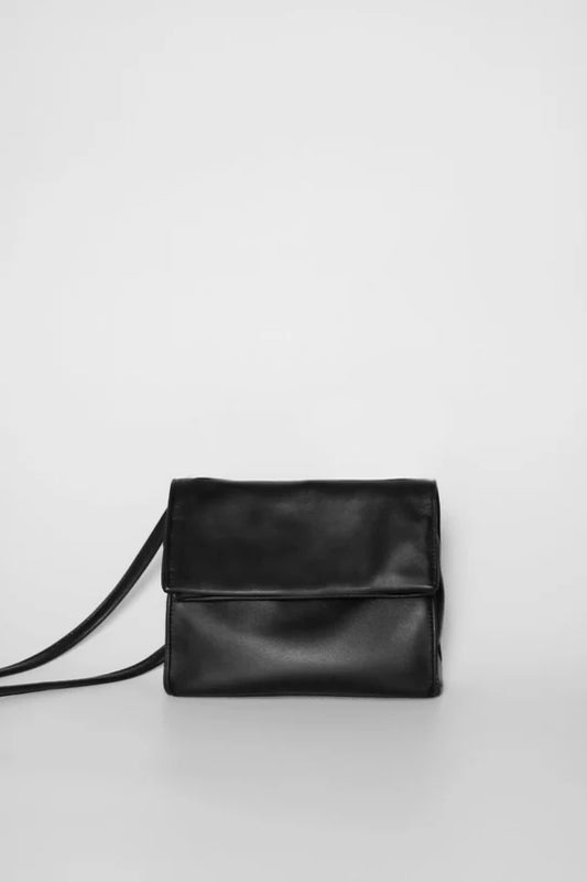 Folding Soft Leather Crossbody Bag - Black