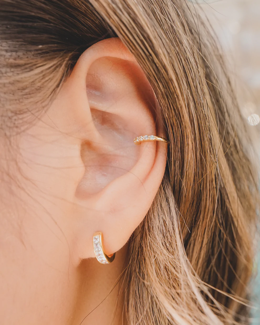 Clear Pave Square Cubic Zirconia Huggies Hoop Earrings - Gold