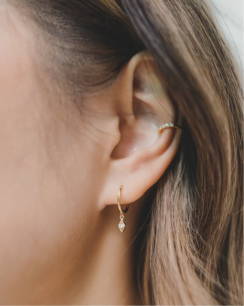 Diamond CZ Drop Huggie Earrings - Gold