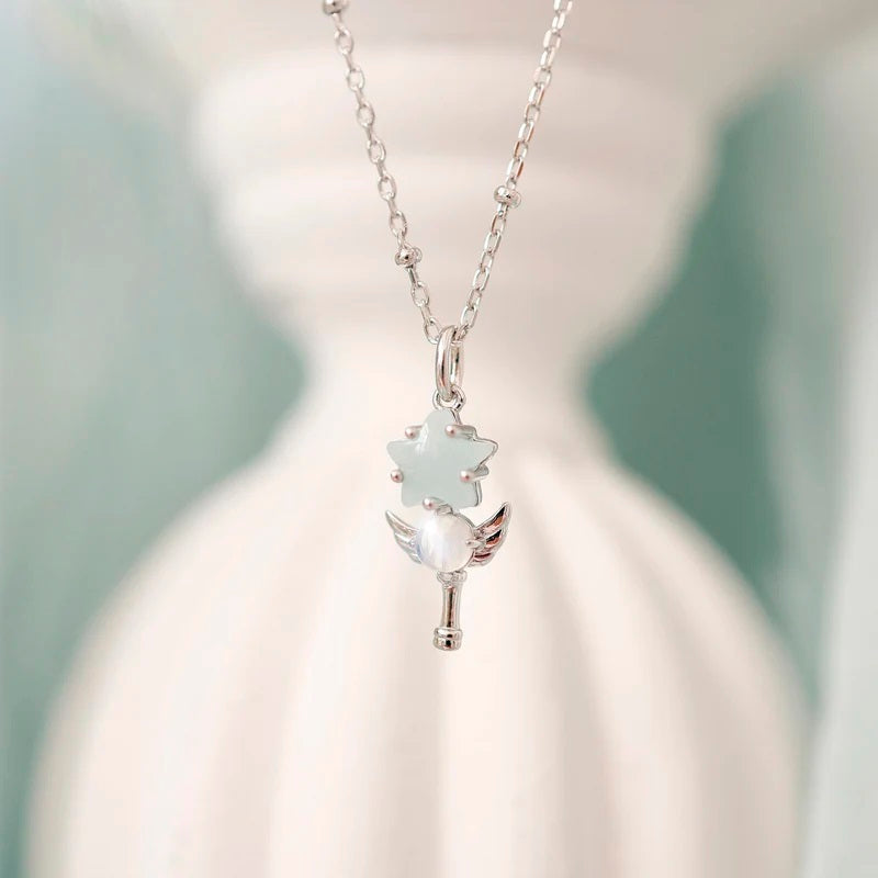 Magic Wand Silver Necklace - Moonstone - Aquamarine