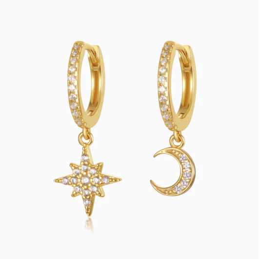 Moon and Starburst Paved CZ Huggies Hoop Earrings - Gold