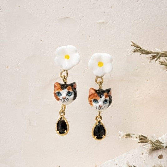J452 Cat & Flower with Pendant Earrings